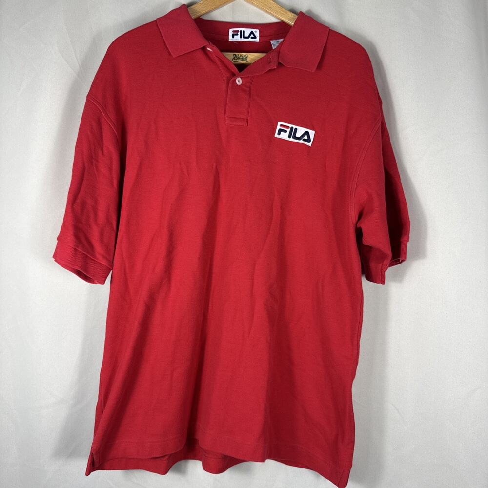 FILA Red Polo Shirt Vintage Logo Patch Tennis Preppy Streetwear Men’s M